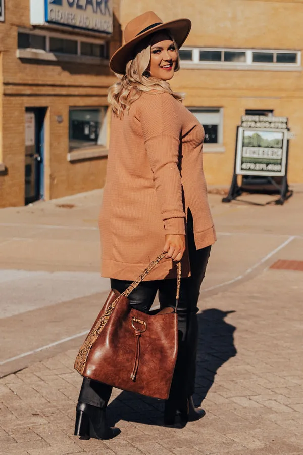 Craving Cozy Waffle Knit Tunic Top in Iced Mocha Curves