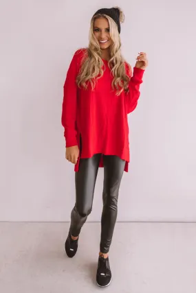 Craving Cozy Waffle Knit Tunic Top in Red