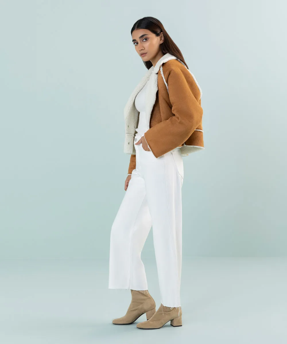 Cropped Suede Coat With Sherpa Trims