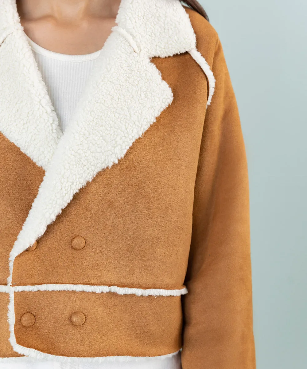 Cropped Suede Coat With Sherpa Trims