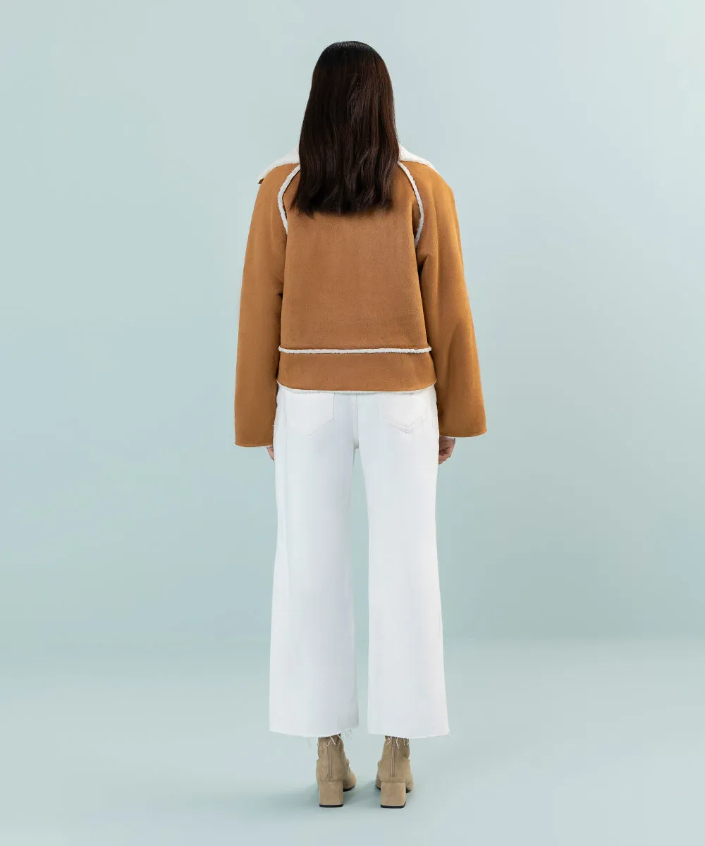 Cropped Suede Coat With Sherpa Trims