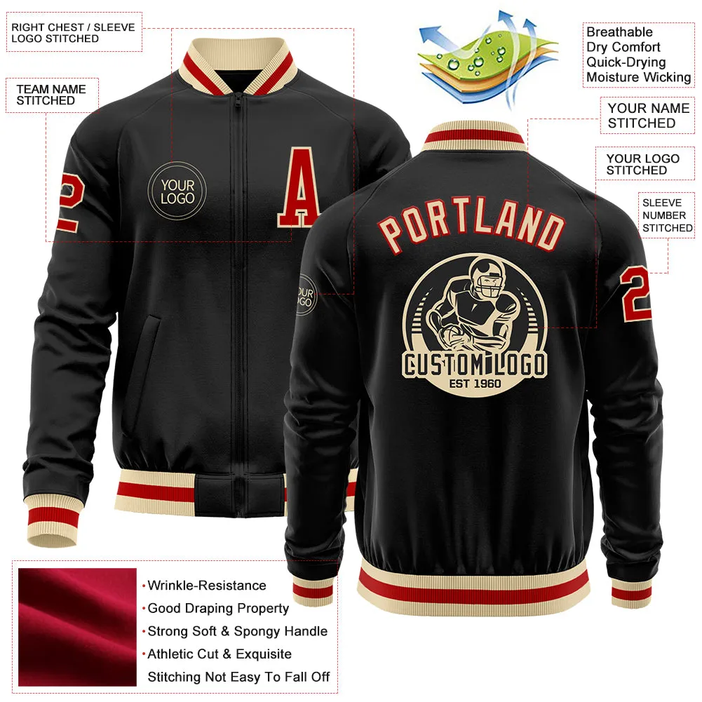 Custom Black Red-Cream Bomber Varsity Letterman Zipper Jacket