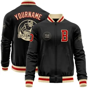 Custom Black Red-Cream Bomber Varsity Letterman Zipper Jacket