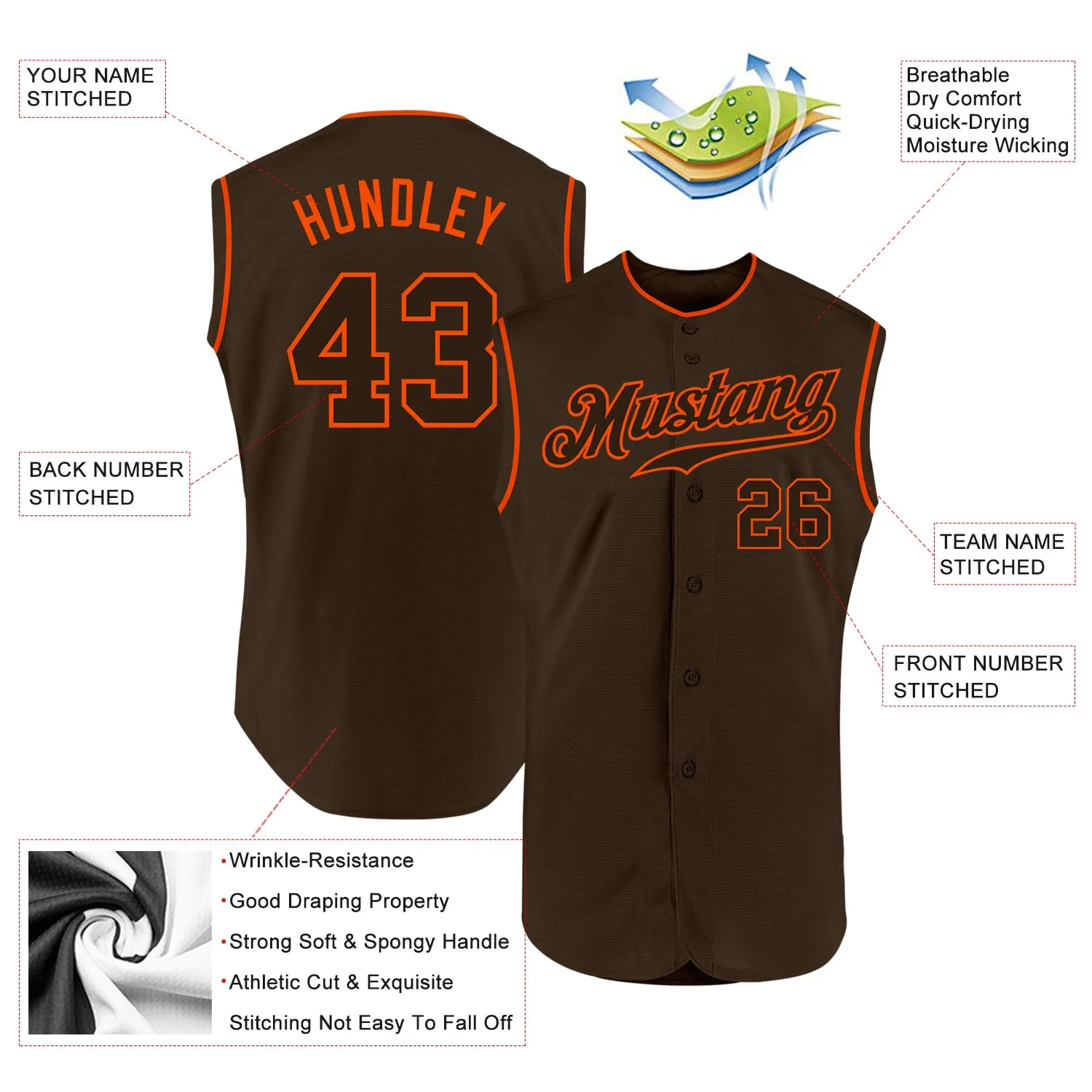 Custom Brown Brown-Orange Authentic Sleeveless Baseball Jersey