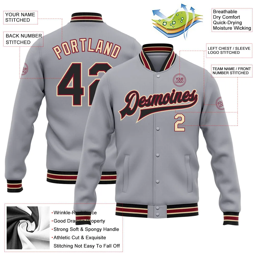 Custom Gray Black Crimson-City Cream Bomber Full-Snap Varsity Letterman Jacket