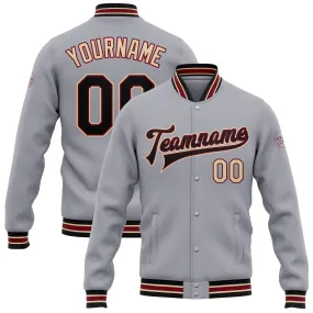 Custom Gray Black Crimson-City Cream Bomber Full-Snap Varsity Letterman Jacket