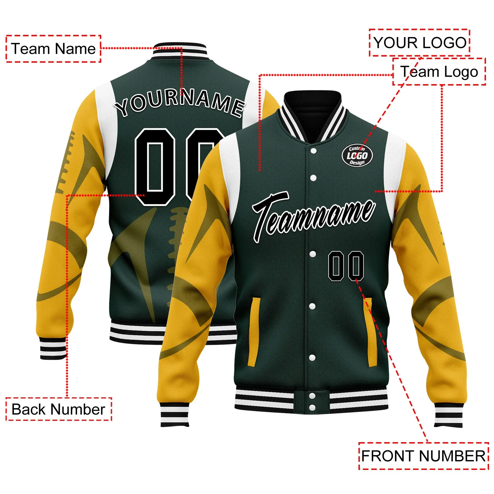 Custom Green Green Bay Jacket Bomber Full-Snap Varsity Letterman Personalized Jacket FZ005-D025004-13