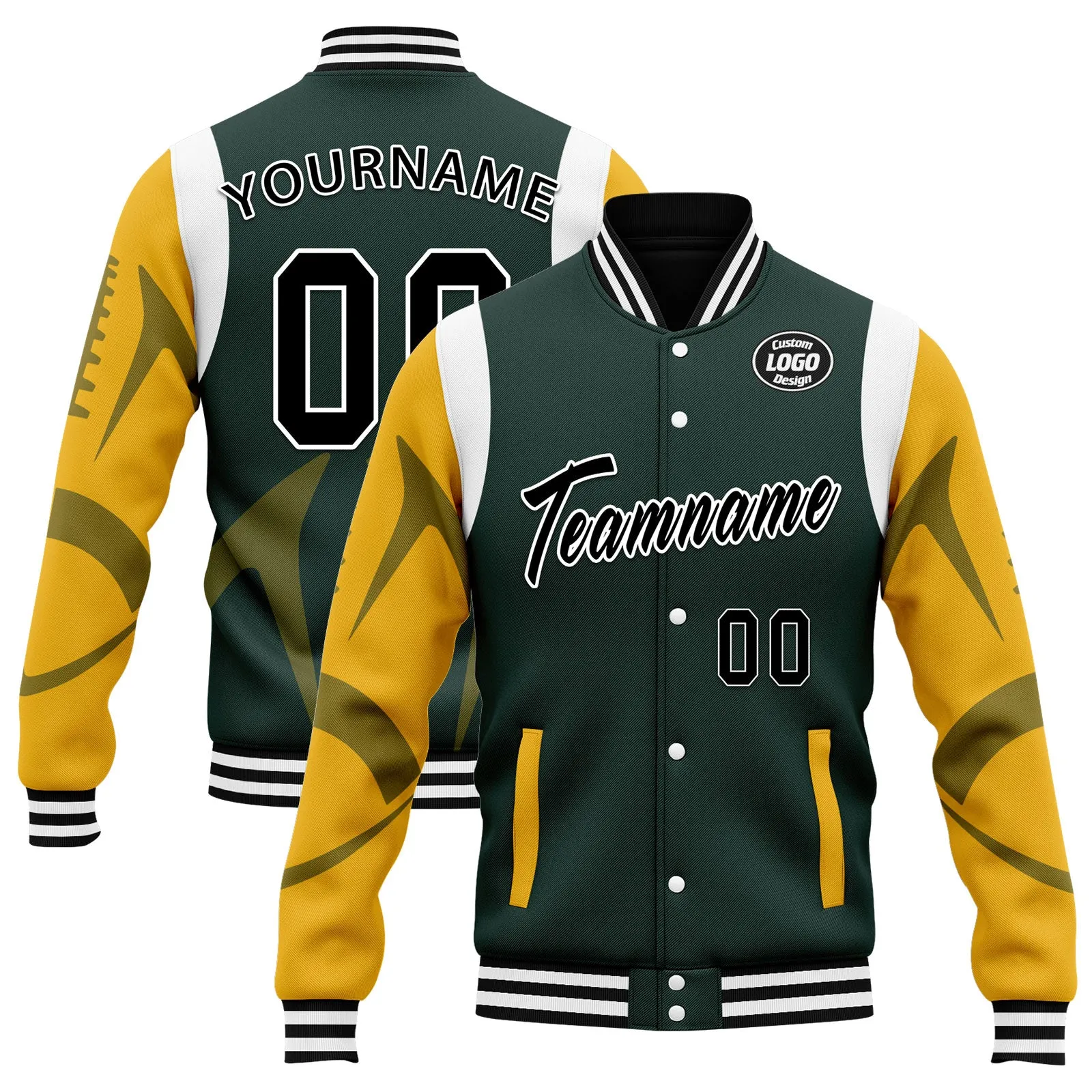 Custom Green Green Bay Jacket Bomber Full-Snap Varsity Letterman Personalized Jacket FZ005-D025004-13