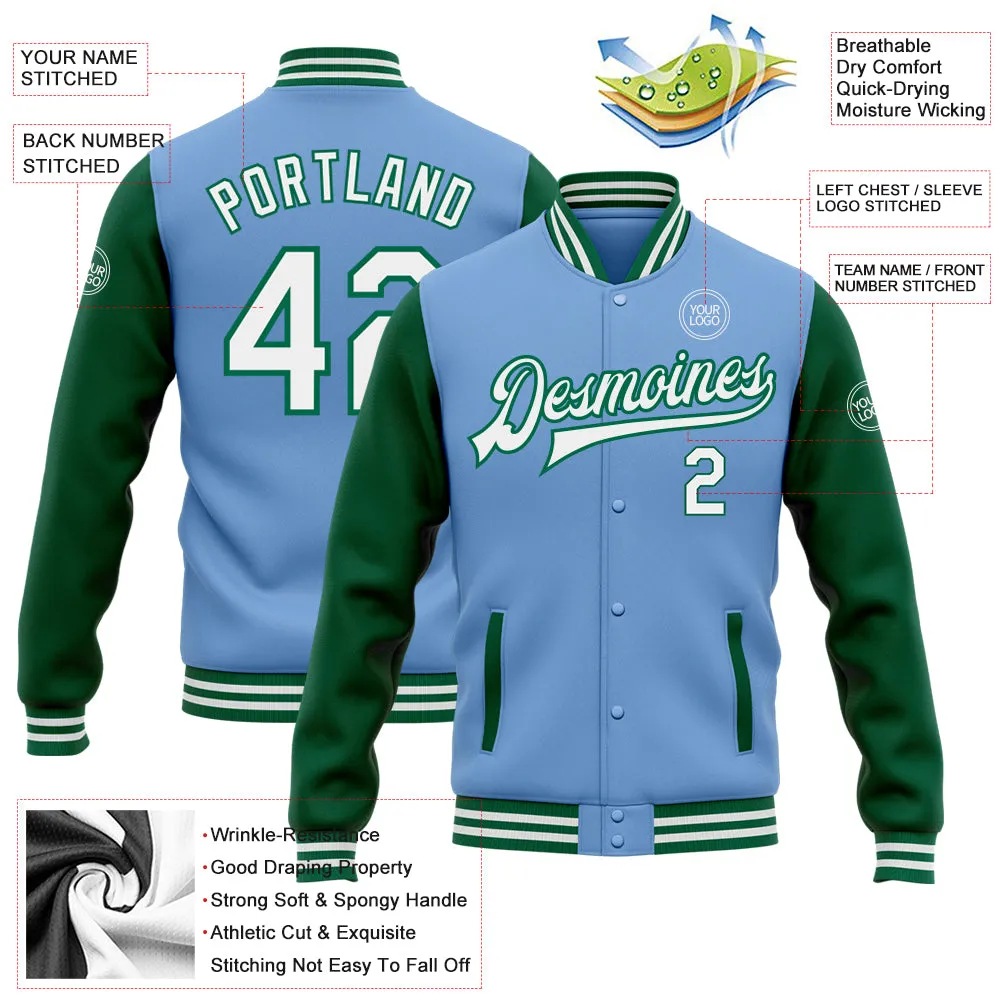 Custom Light Blue White-Kelly Green Bomber Full-Snap Varsity Letterman Two Tone Jacket