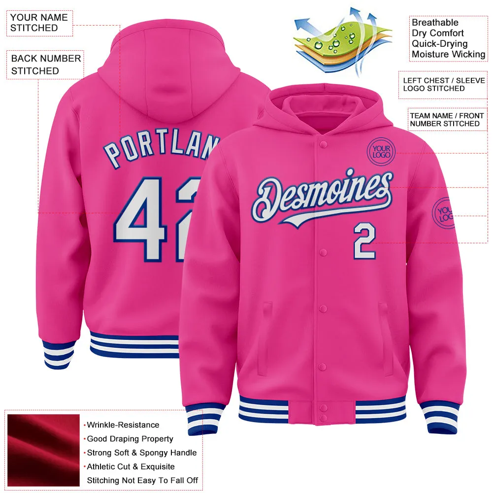 Custom Pink White-Royal Bomber Full-Snap Varsity Letterman Hoodie Jacket