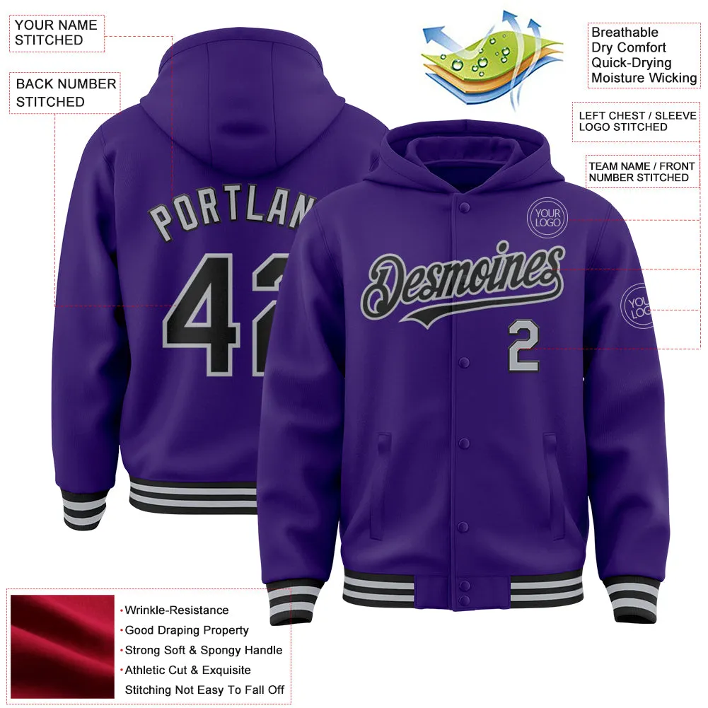 Custom Purple Black-Gray Bomber Full-Snap Varsity Letterman Hoodie Jacket