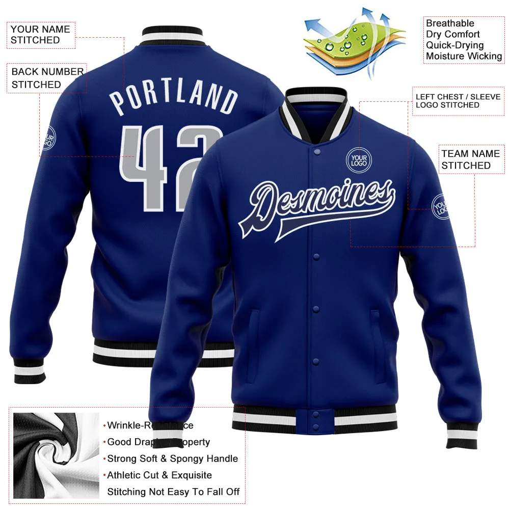 Custom Royal Gray-Navy Bomber Full-Snap Varsity Letterman Jacket