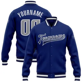 Custom Royal Gray-Navy Bomber Full-Snap Varsity Letterman Jacket