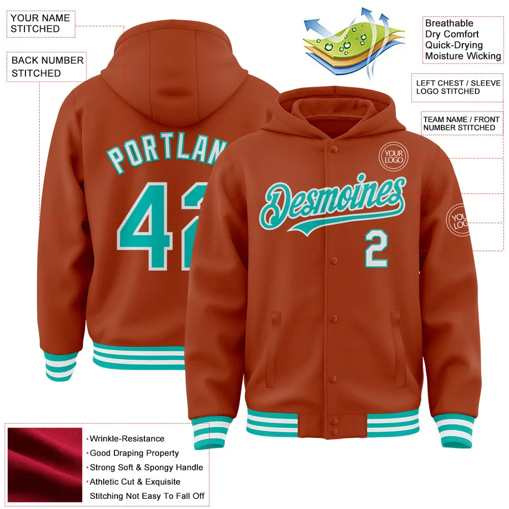 Custom Texas Orange Aqua-White Bomber Full-Snap Varsity Letterman Hoodie Jacket