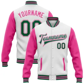 Custom White Kelly Green-Pink Bomber Full-Snap Varsity Letterman Two Tone Jacket