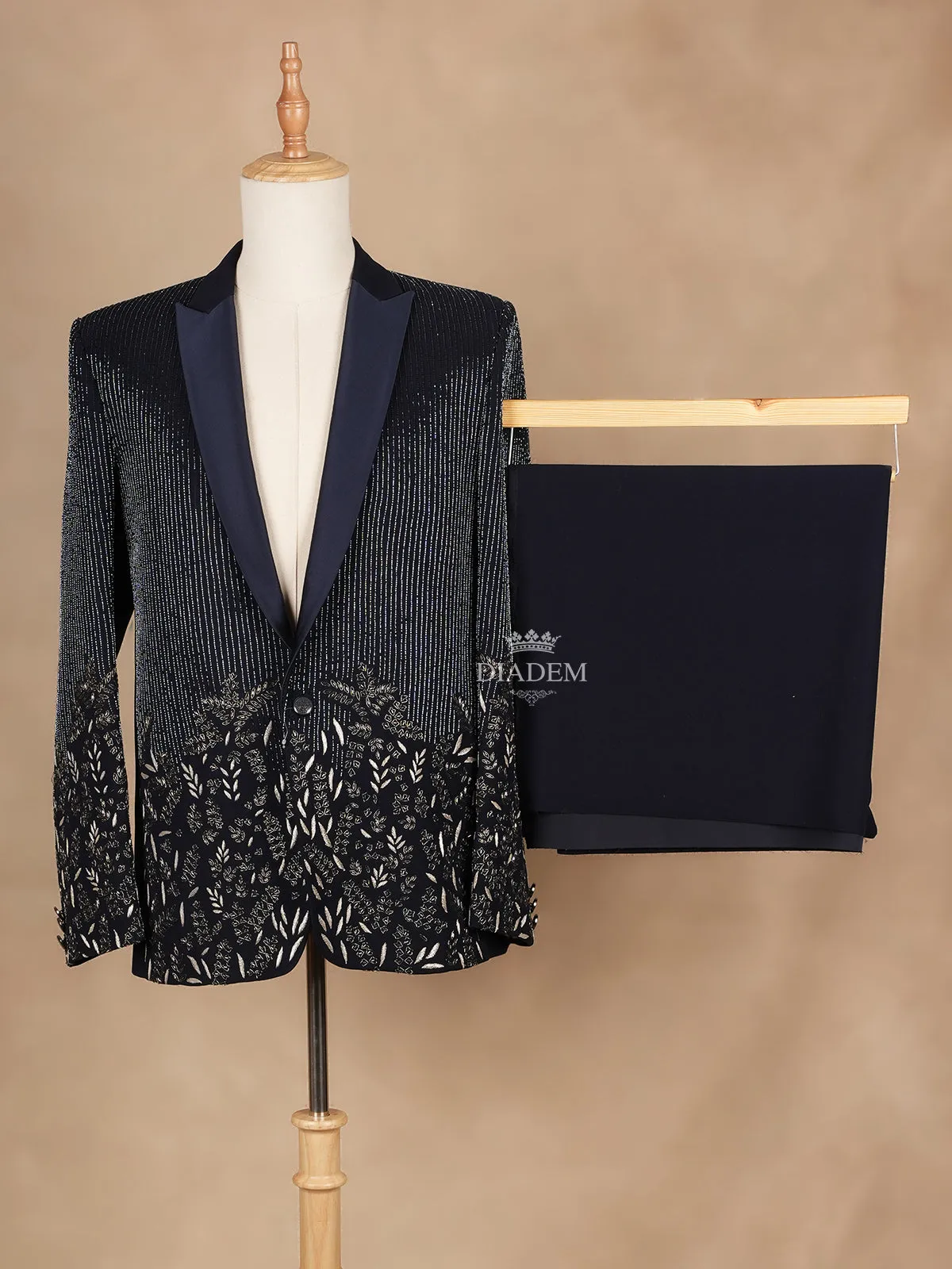 Dark Blue Coat Suit Set with Floral Embroidery