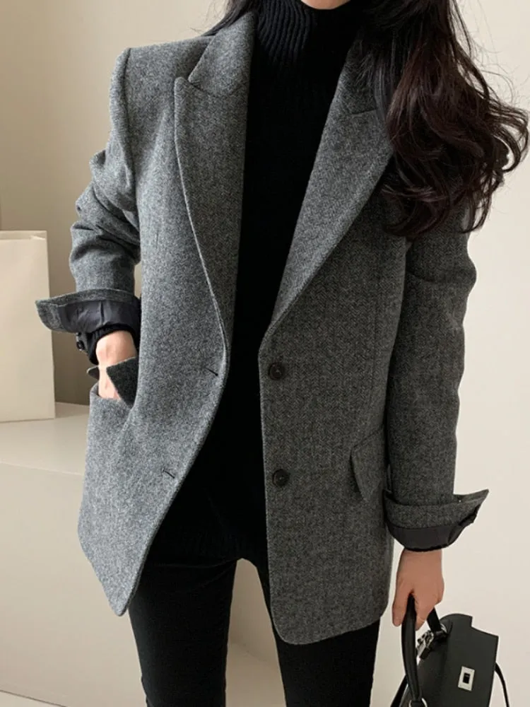 deanwangkt Woolen Jackets Thick and Warm Korean Fashion Heavy Jackets High-end Versatile New Autumn and Winter Black Tweed Suit Women Coat