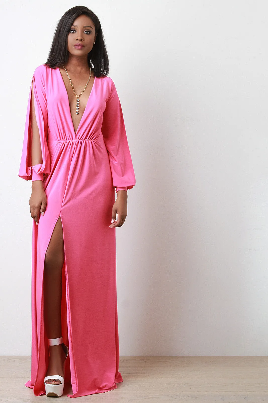 Deep V Neck Thigh High Slit Maxi Dress