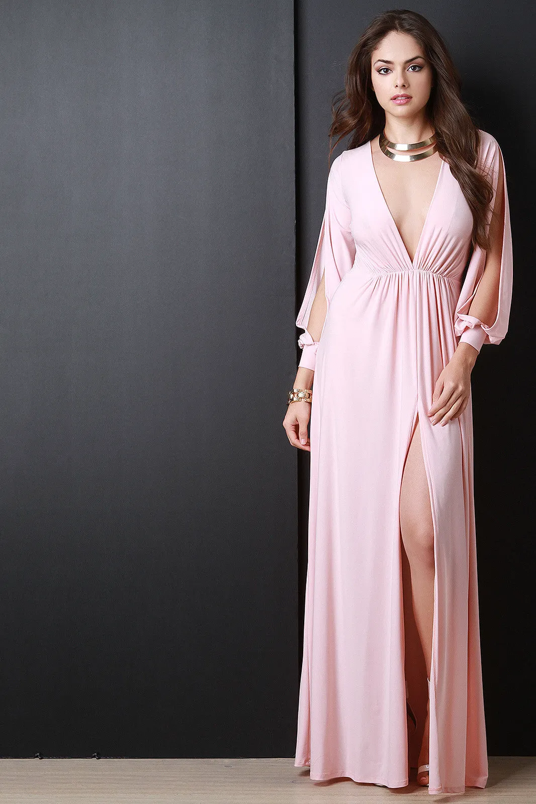 Deep V Neck Thigh High Slit Maxi Dress