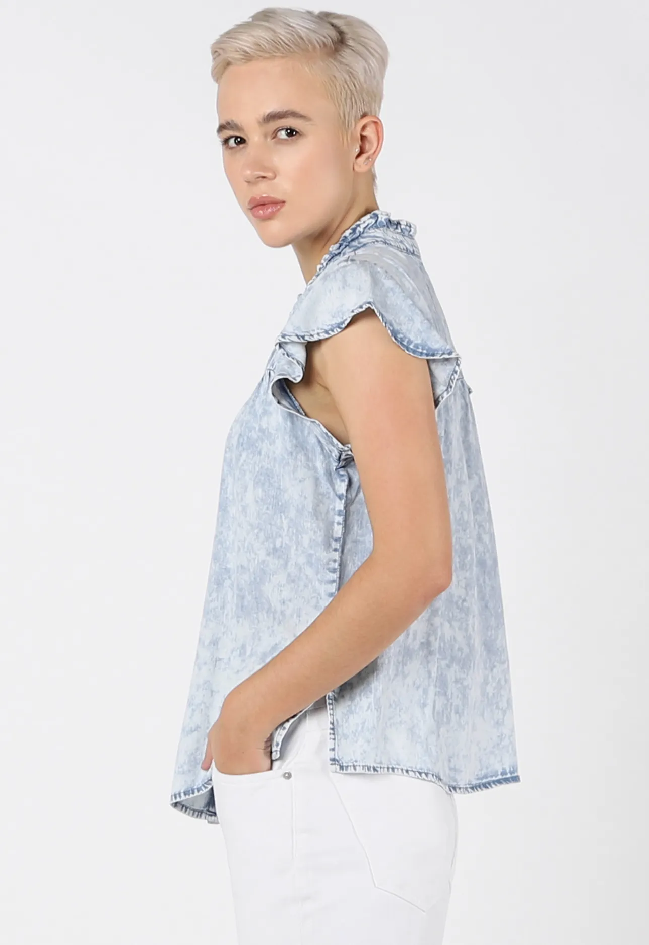 Dex Acid Wash Ruffle Blouse