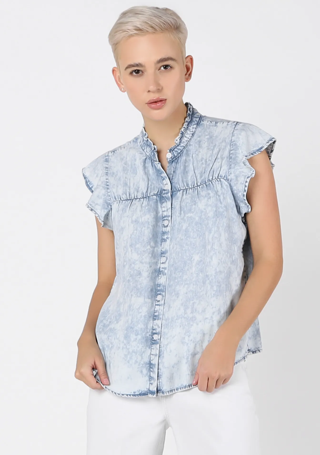 Dex Acid Wash Ruffle Blouse