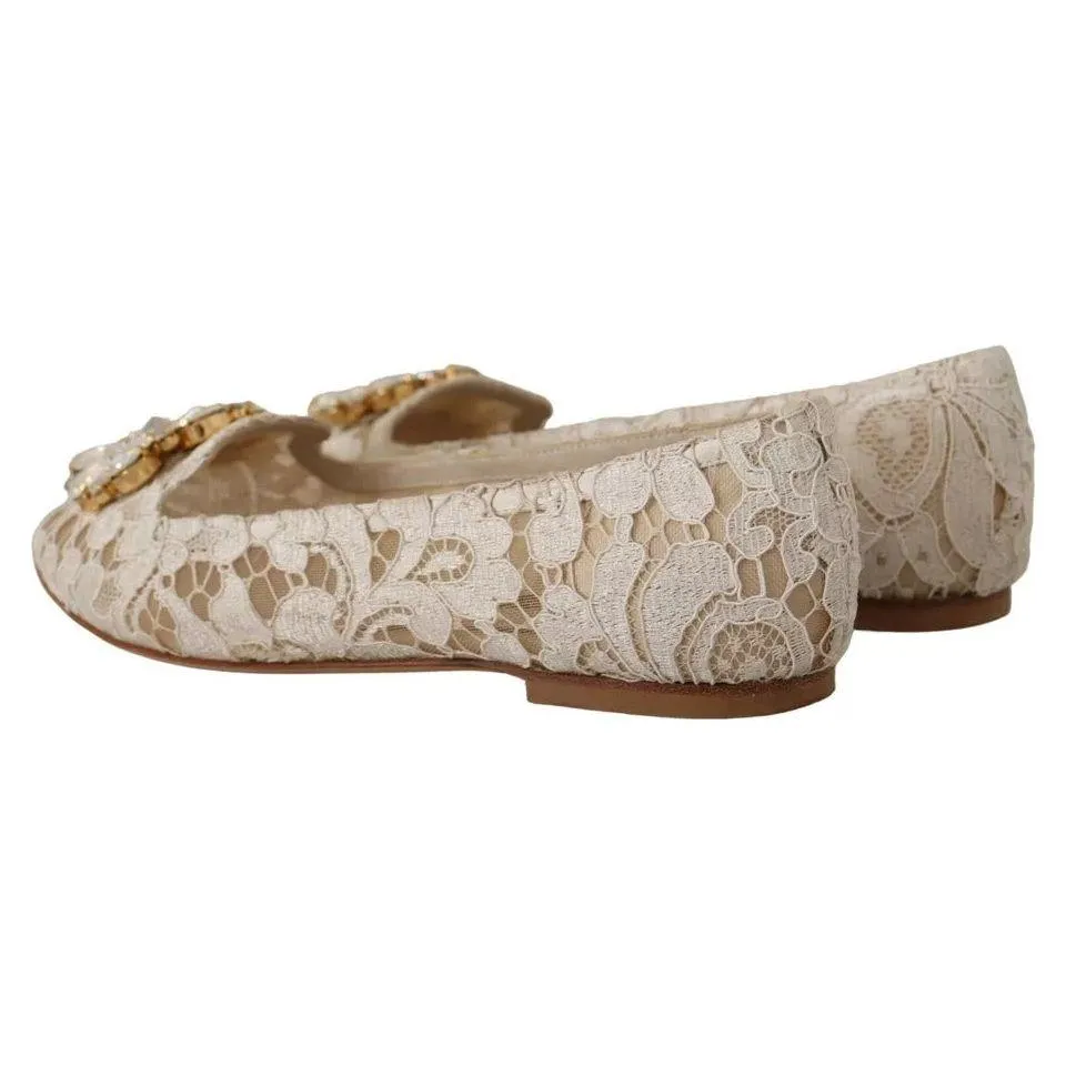 Dolce & Gabbana Beige Lace Crystal Ballet Flats Loafers Shoes