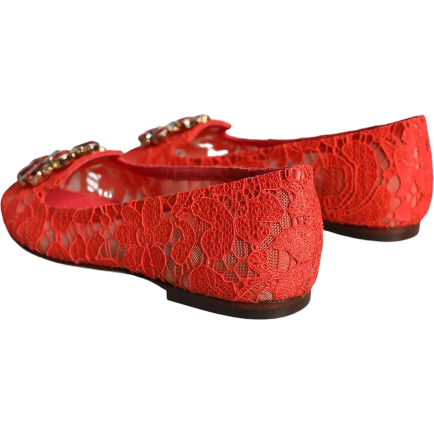 Dolce & Gabbana Coral Lace Crystal Ballet Flats Loafers Shoes