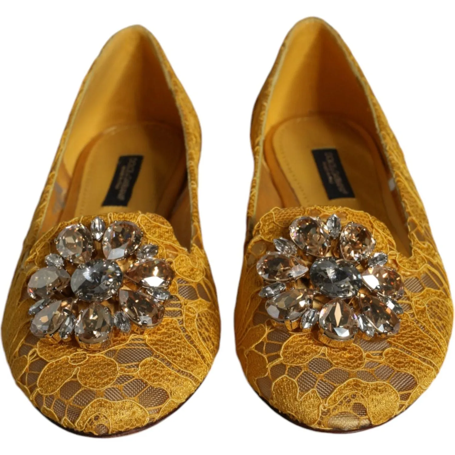 Dolce & Gabbana Mustard Lace Crystal Ballet Flats Loafer Shoes