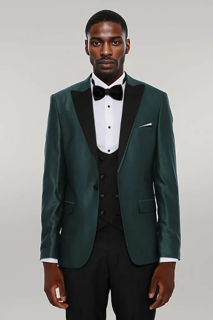 Double Breasted Patterned Green Men Tuxedo - Wessi