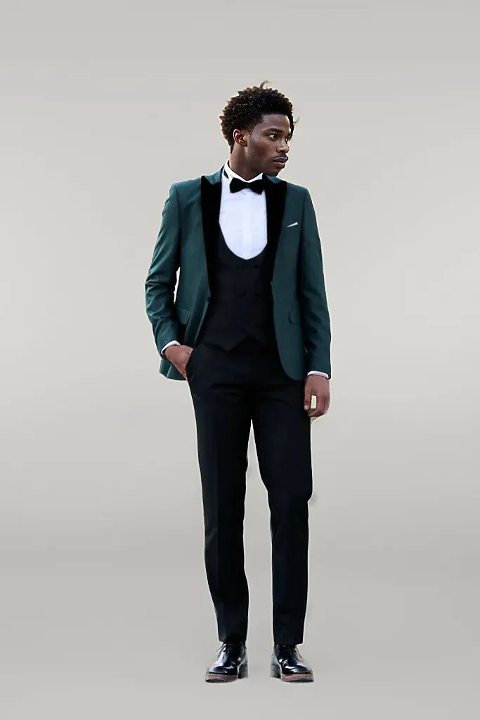 Double Breasted Patterned Green Men Tuxedo - Wessi