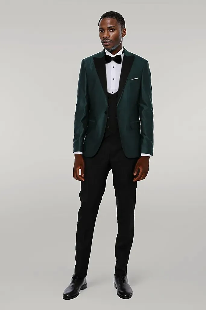 Double Breasted Patterned Green Men Tuxedo - Wessi