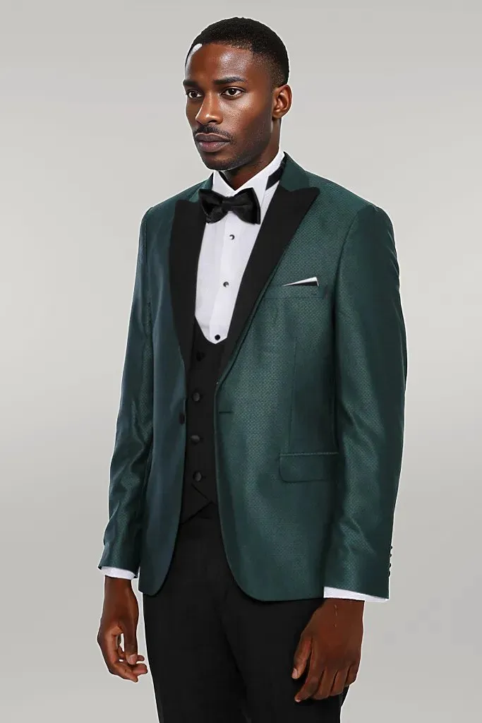 Double Breasted Patterned Green Men Tuxedo - Wessi