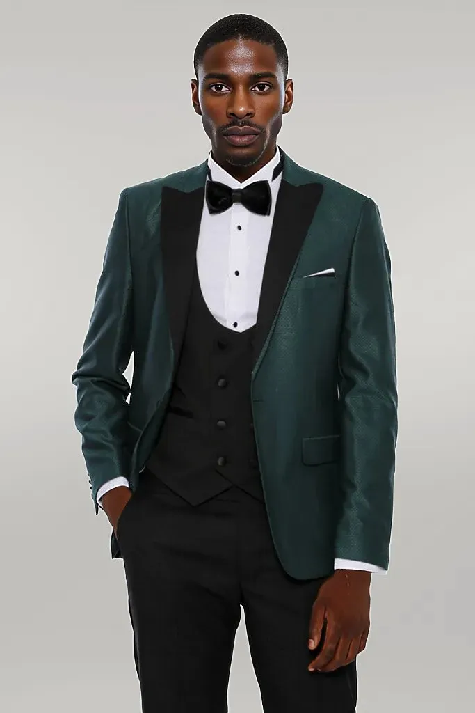 Double Breasted Patterned Green Men Tuxedo - Wessi