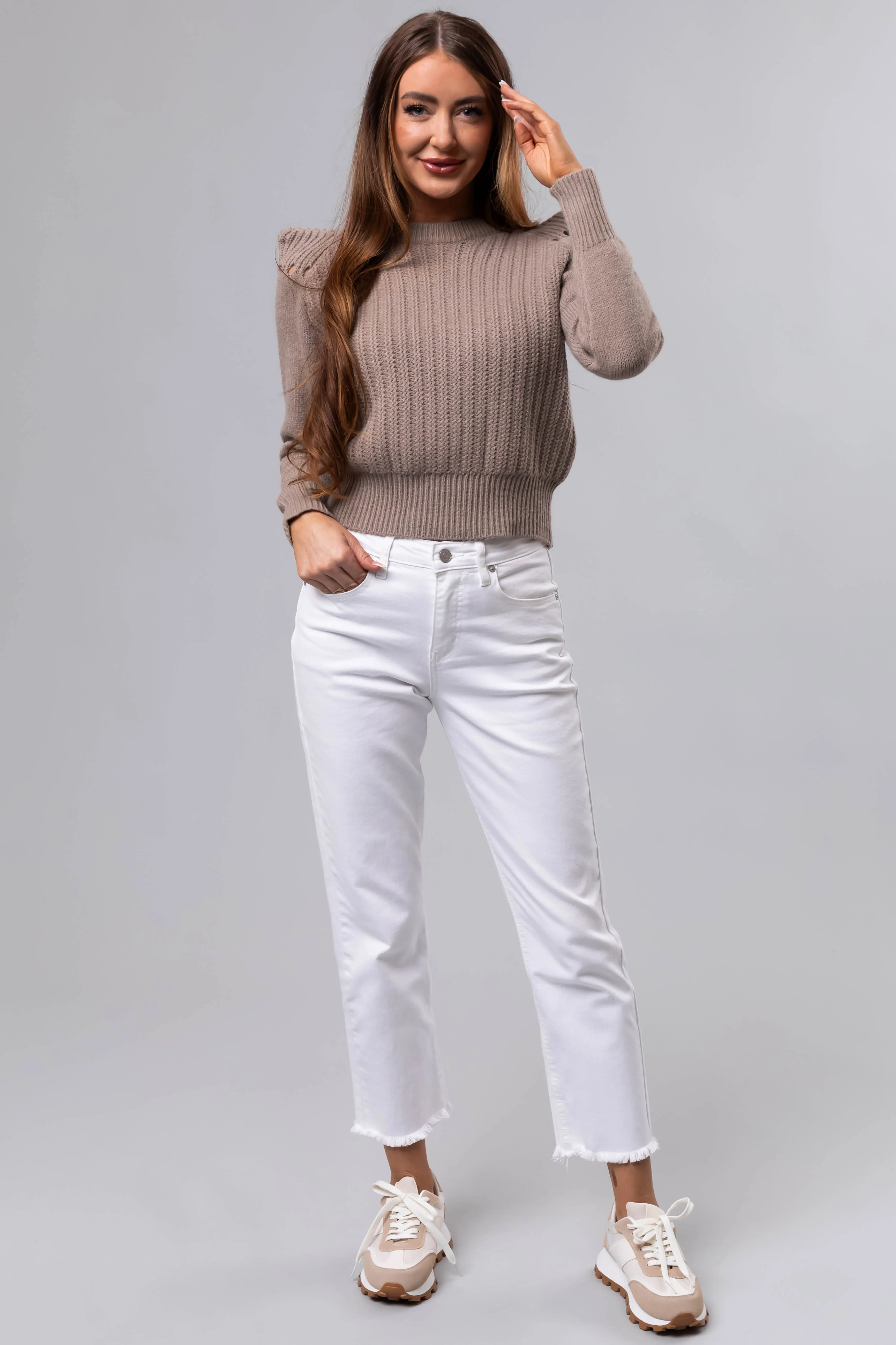 Dusty Walnut Pleated Shoulder Knit Sweater