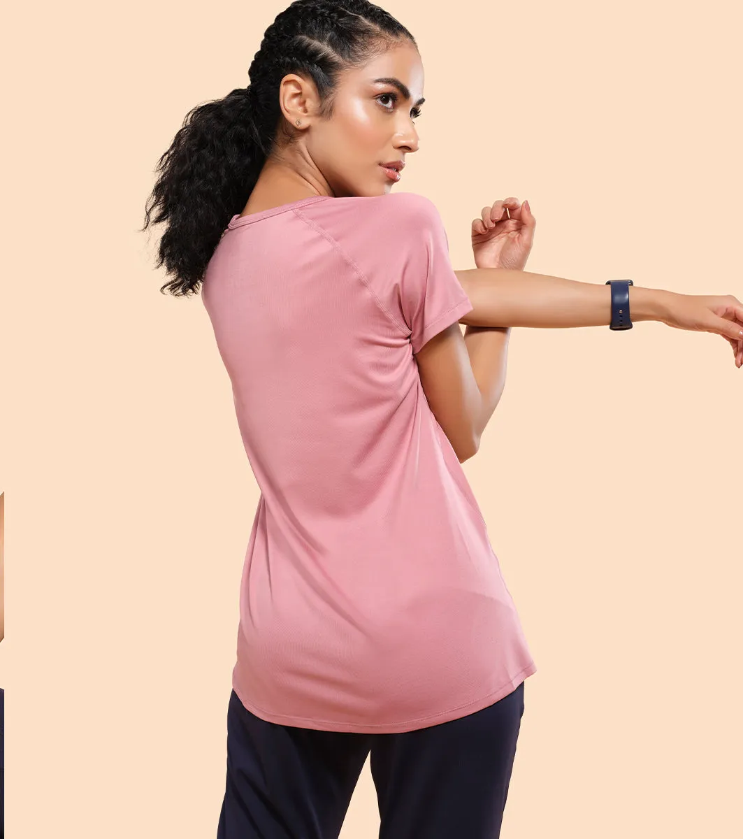 Enamor Active Dry Fit Graphic Tee For Women | Basic T-Shirt With Raglan Sleeve & Scoop Neck Design | Mauve Love - Fearless Graphic