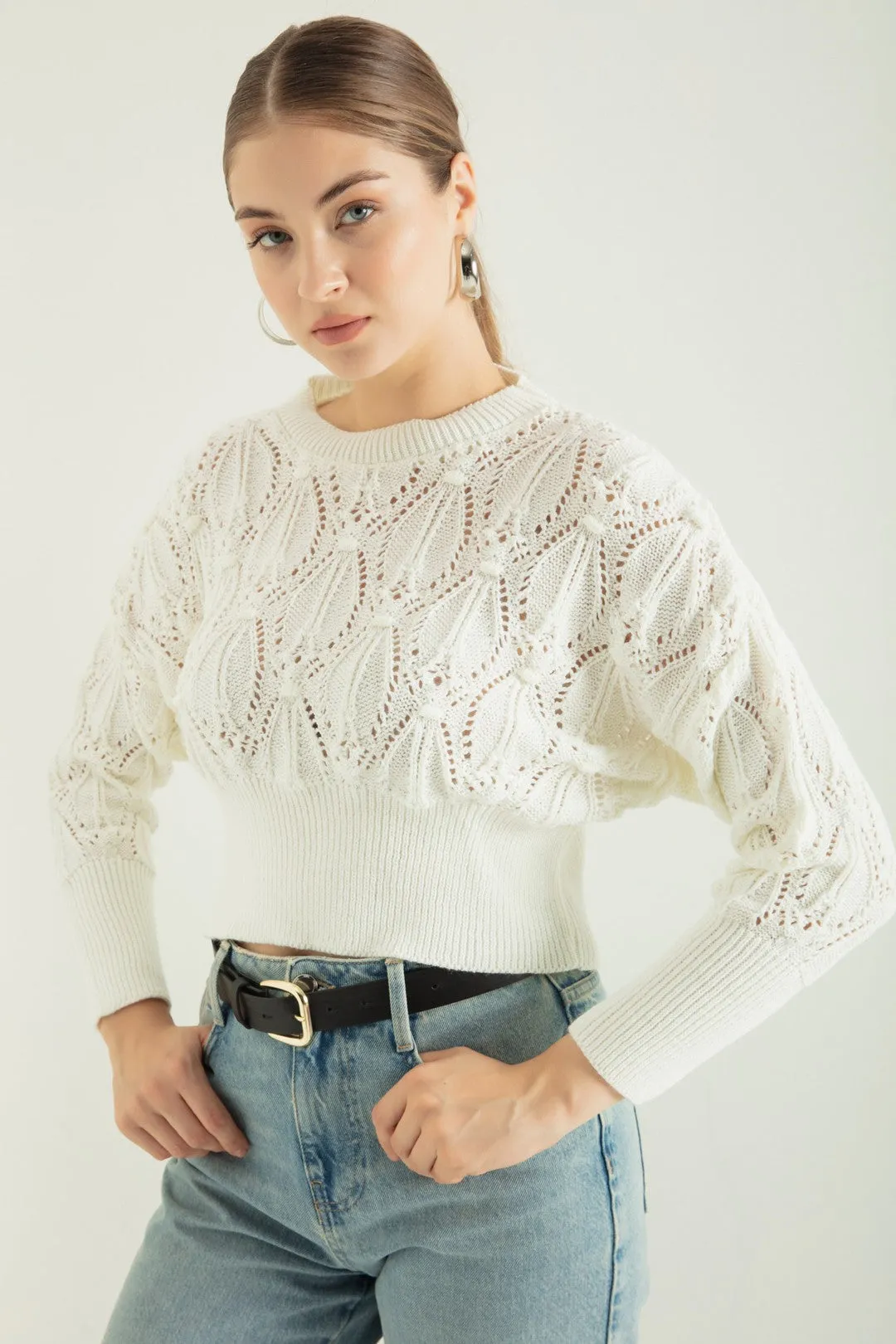 Female Bike Collar Openwork/Perforated Knitwear Sweater