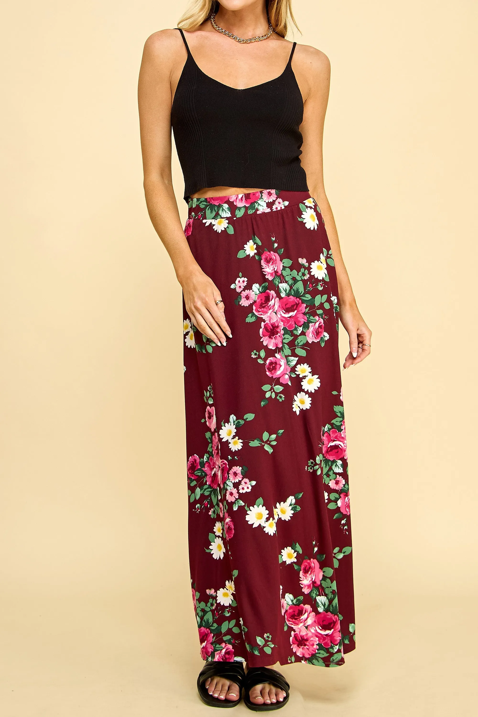 Flared Maxi Skirt in Black Floral or Wine Floral Style 1434P