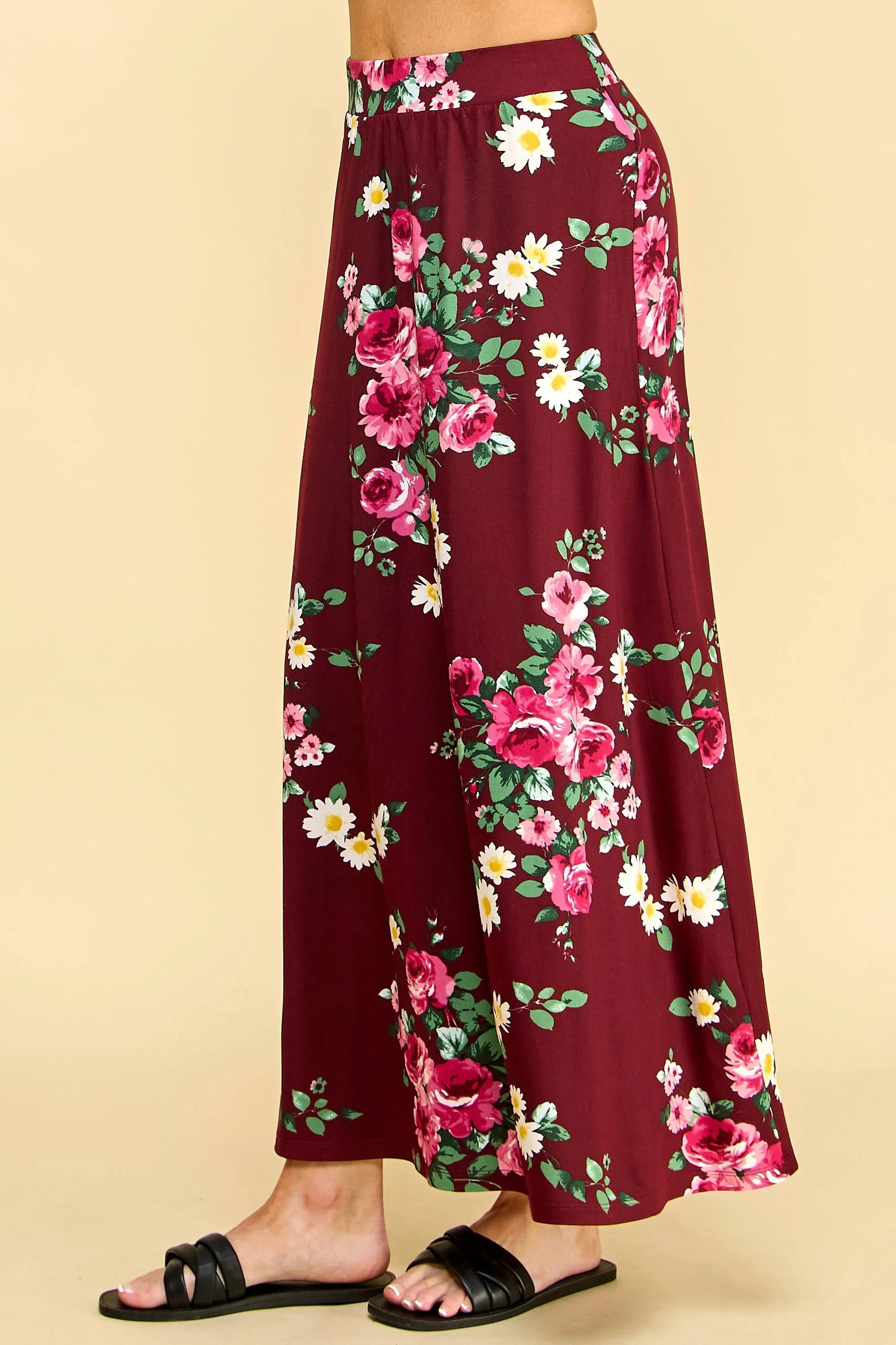 Flared Maxi Skirt in Black Floral or Wine Floral Style 1434P