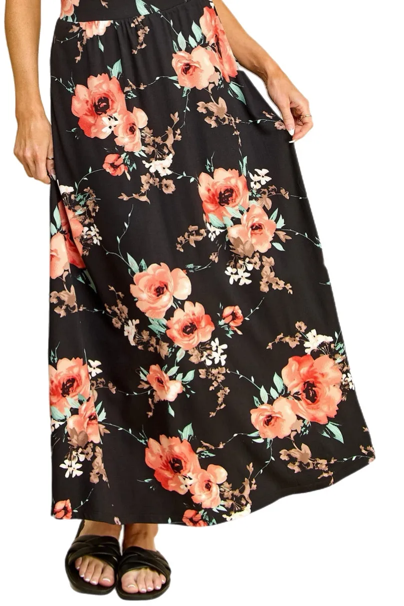 Flared Maxi Skirt in Black Floral or Wine Floral Style 1434P