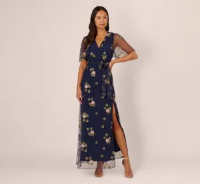 Floral Embroidered Maxi Dress With Sheer Flutter Sleeves In Navy Multi