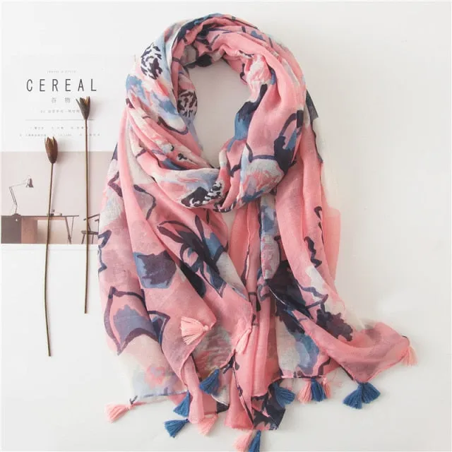 Flower Tassel Edge Beach Wrap Pashmina Scarf