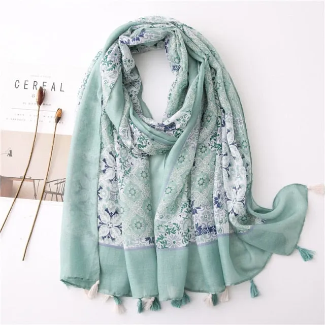 Flower Tassel Edge Beach Wrap Pashmina Scarf