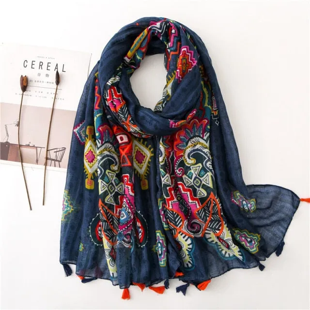 Flower Tassel Edge Beach Wrap Pashmina Scarf