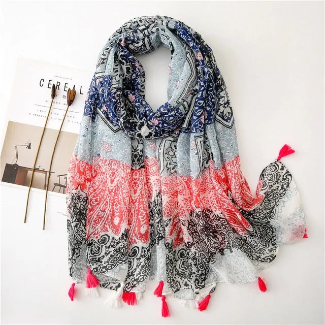 Flower Tassel Edge Beach Wrap Pashmina Scarf