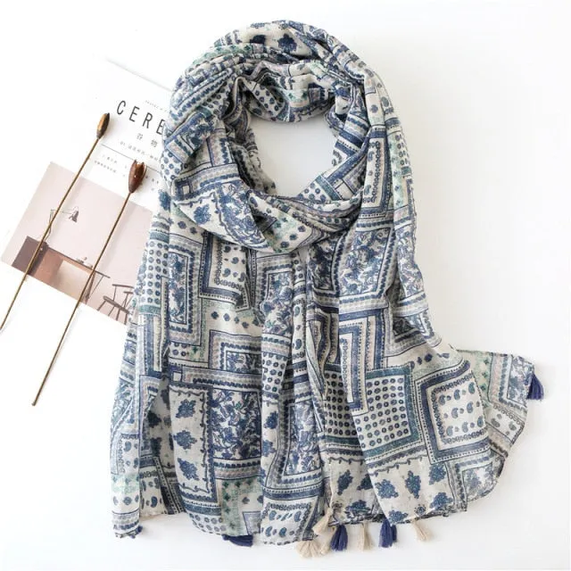 Flower Tassel Edge Beach Wrap Pashmina Scarf