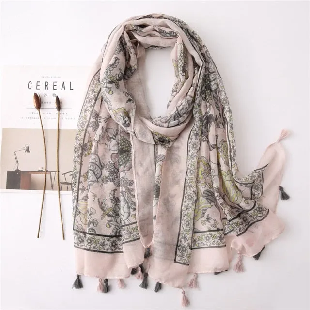 Flower Tassel Edge Beach Wrap Pashmina Scarf