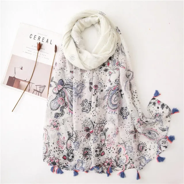 Flower Tassel Edge Beach Wrap Pashmina Scarf