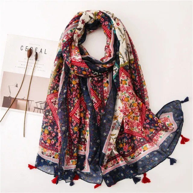 Flower Tassel Edge Beach Wrap Pashmina Scarf