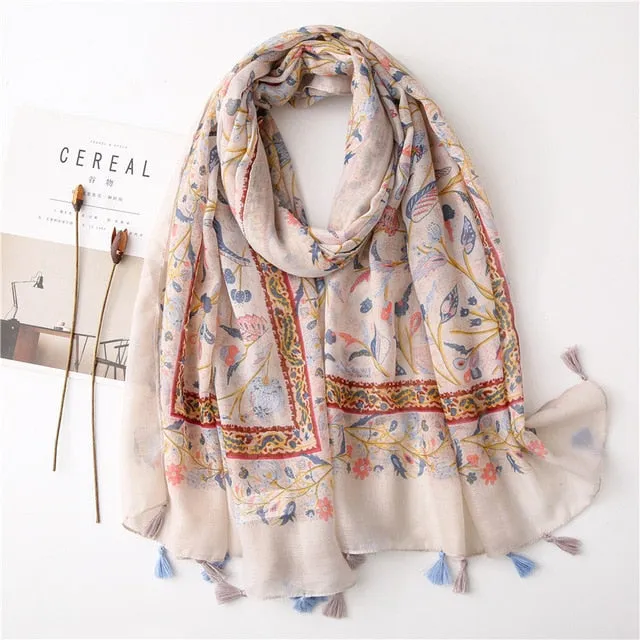 Flower Tassel Edge Beach Wrap Pashmina Scarf