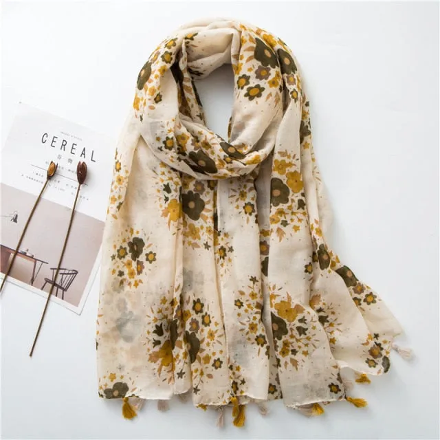 Flower Tassel Edge Beach Wrap Pashmina Scarf